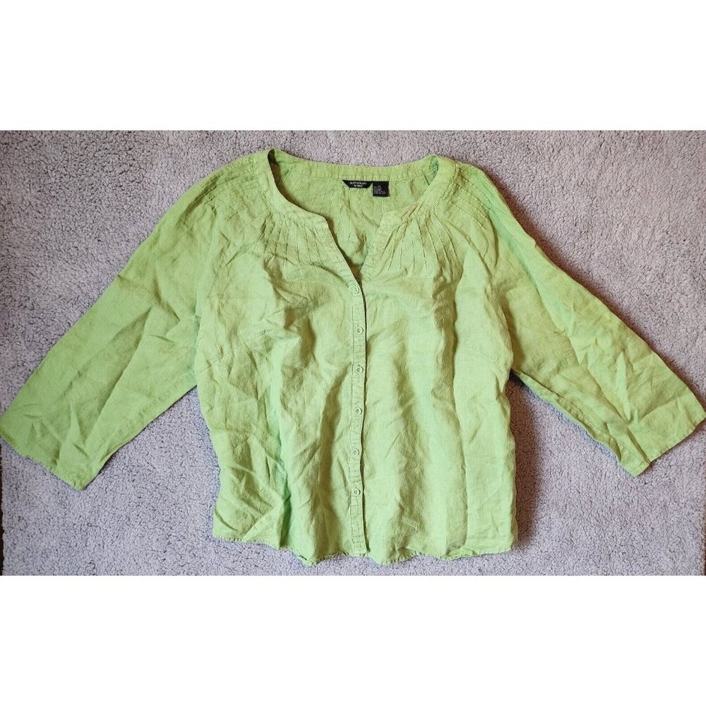 Autograph Womens 3/4 Roll Tab Sleeve V Neck Button Front Top Green 100% Linen 2X
